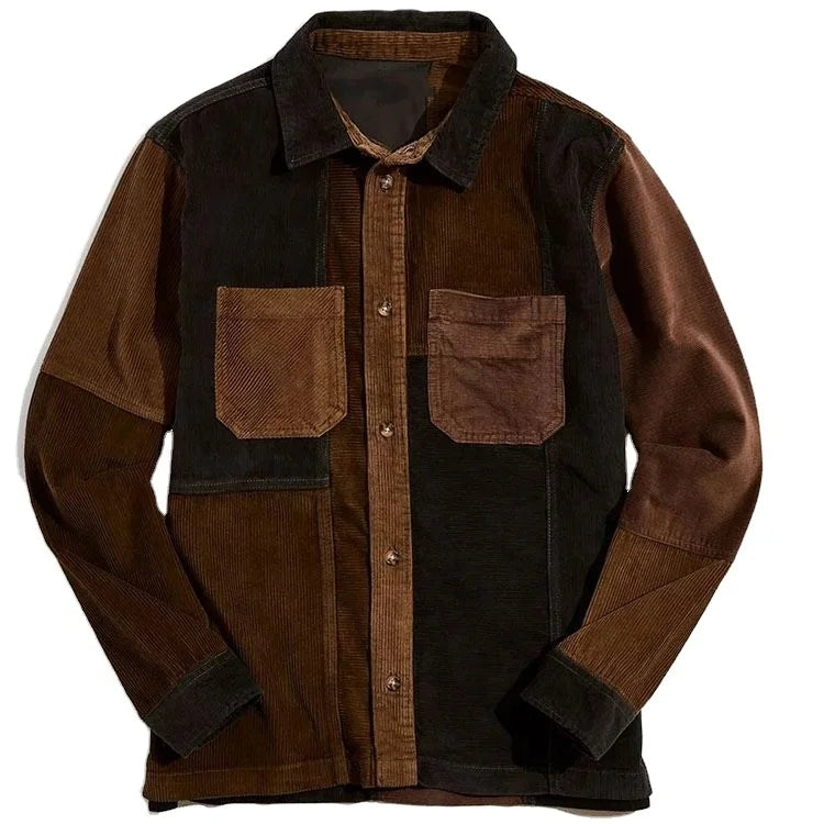 Custom Men's Button Down Jacket Durable Over Dyed Corduroy with Color Block Patch Pockets Canvas Fabric Logo on Front