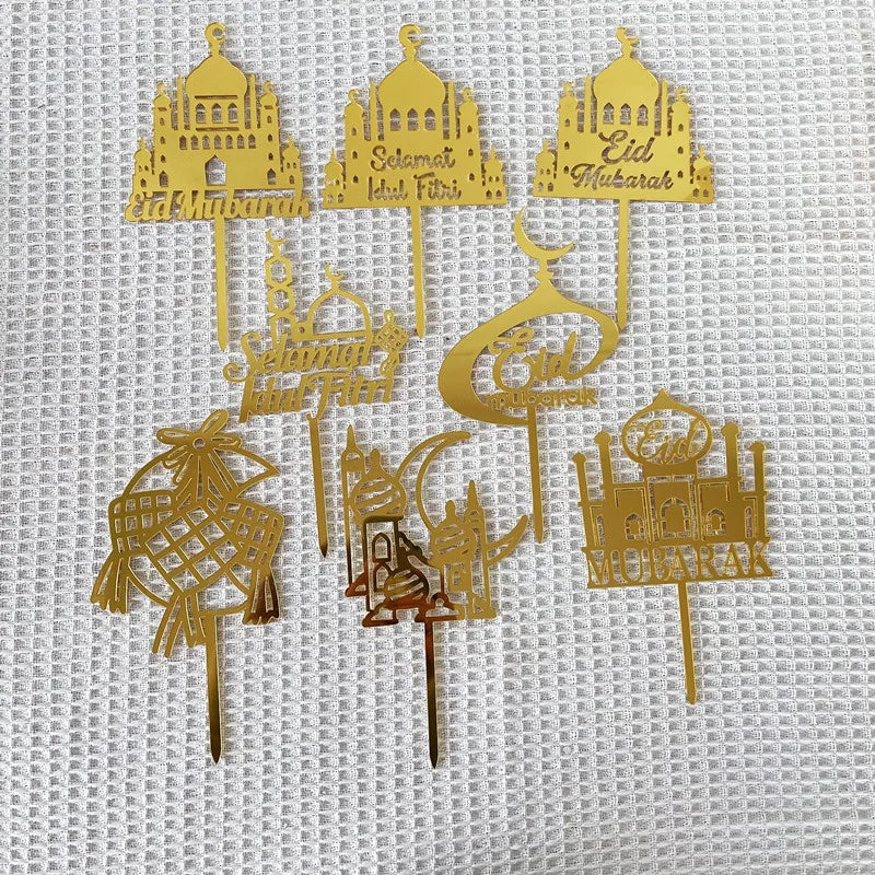 Gold Eid Mubarak Acrylic Cake Topper Decoration for Happy Eid Ramadan Party Cake Decor