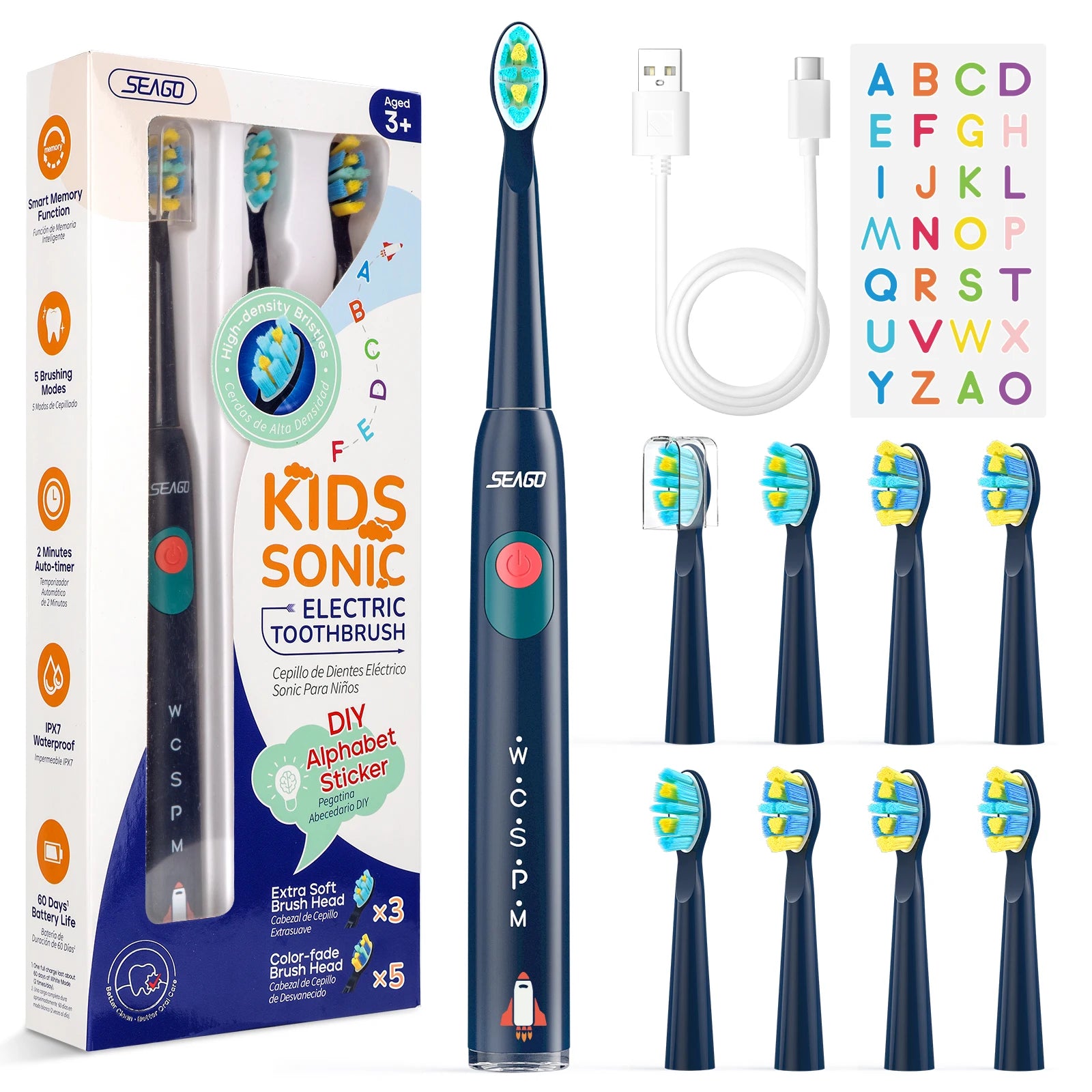 SEAGO DIY Stickers Kids Electric Toothbrush 5 Modes Age 3+ Rechargeable Sonic Toothbrush Soft Bristle 8 Pcs Brush Heads SG2303