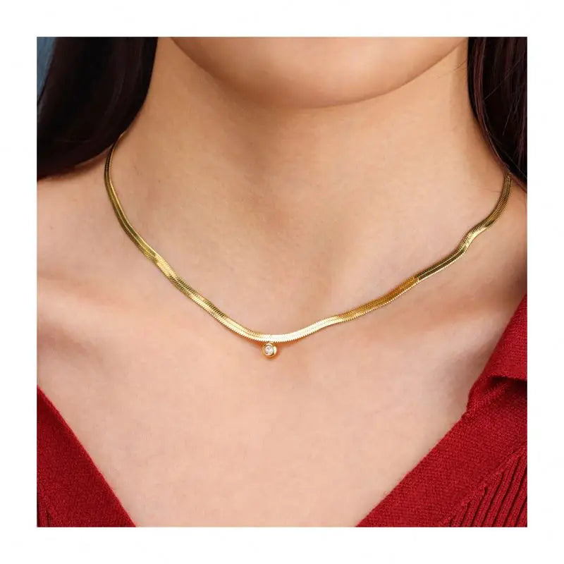 Chris April 316L Stainless Steel Snake Thick Herringbone Zircon Charm Necklace 18k Gold