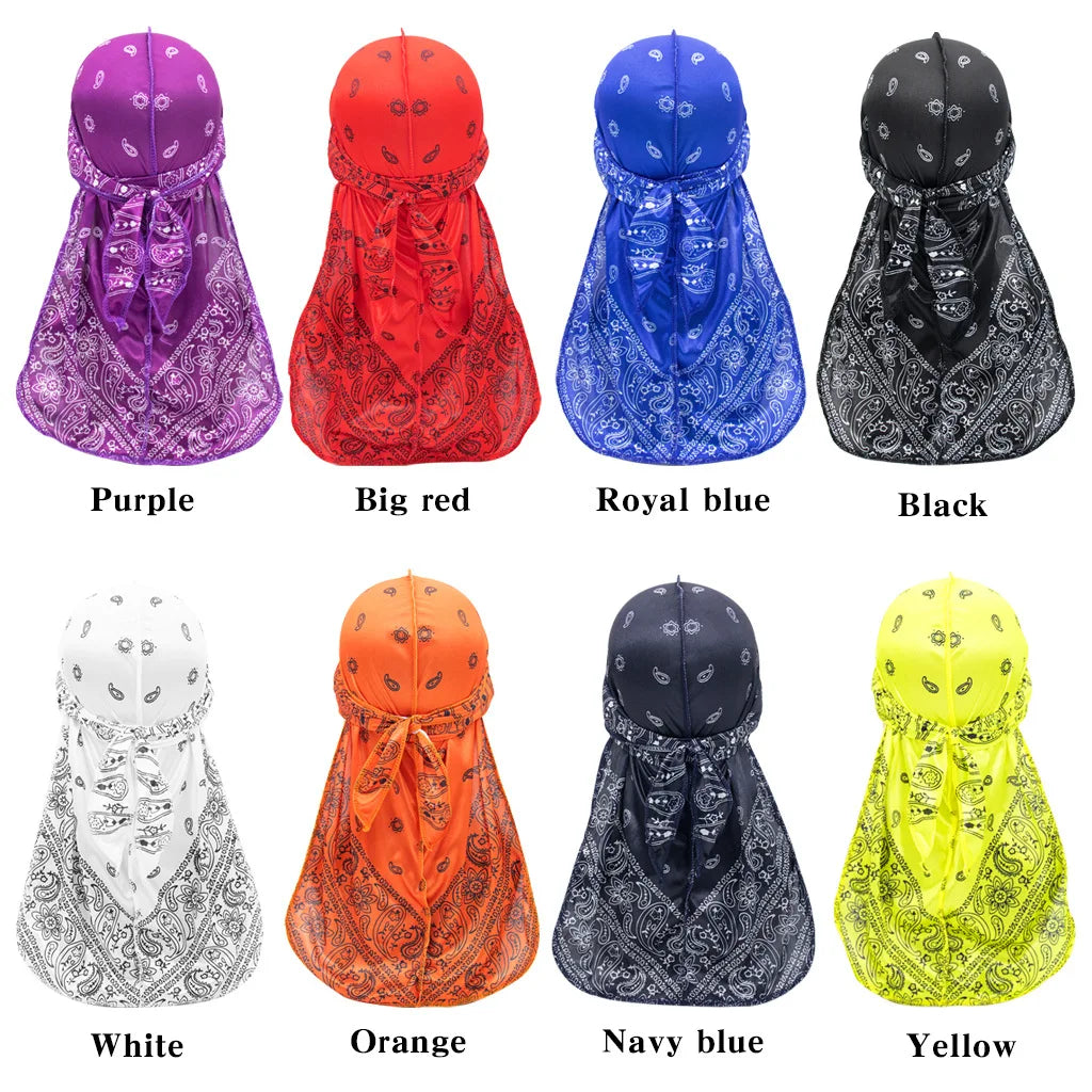 Custom Pattern Paisley Bandana Doo Rag Cap Headwraps Men's Women's Silk Durag with Long Tail and Wide Straps for 360 Waves