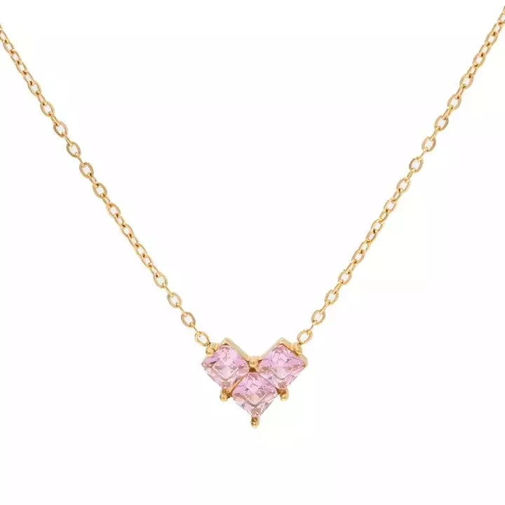 Ins French Style Shiny Pink Cubic Zircon Heart 18K PVD Gold Plated Stainless Steel Pendant Necklace