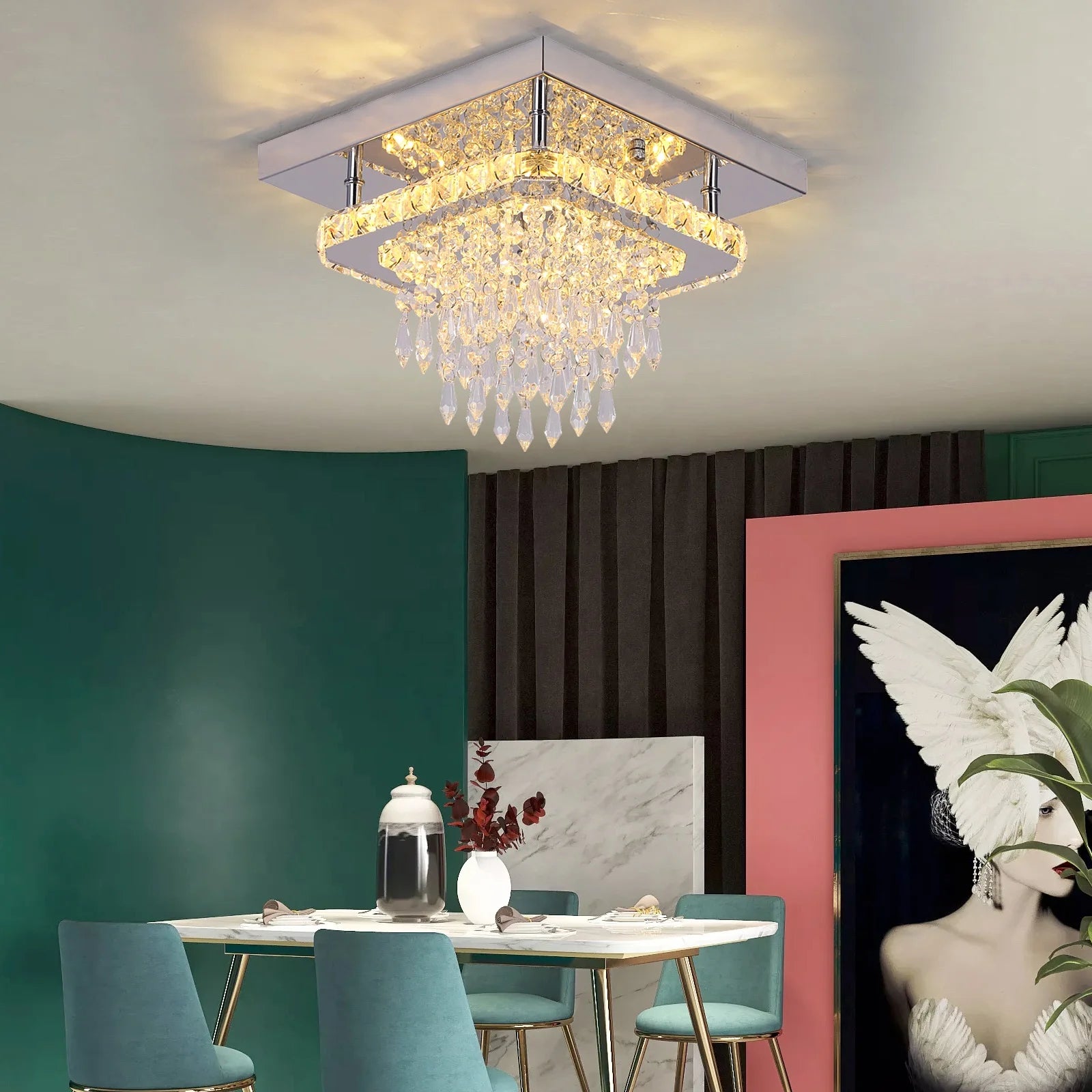 CCT 19W Square Luxury LED Stainless Steel Raindrop Crystal Ceiling Light Surface Mounted Ceiling Lamp White Natural Warm