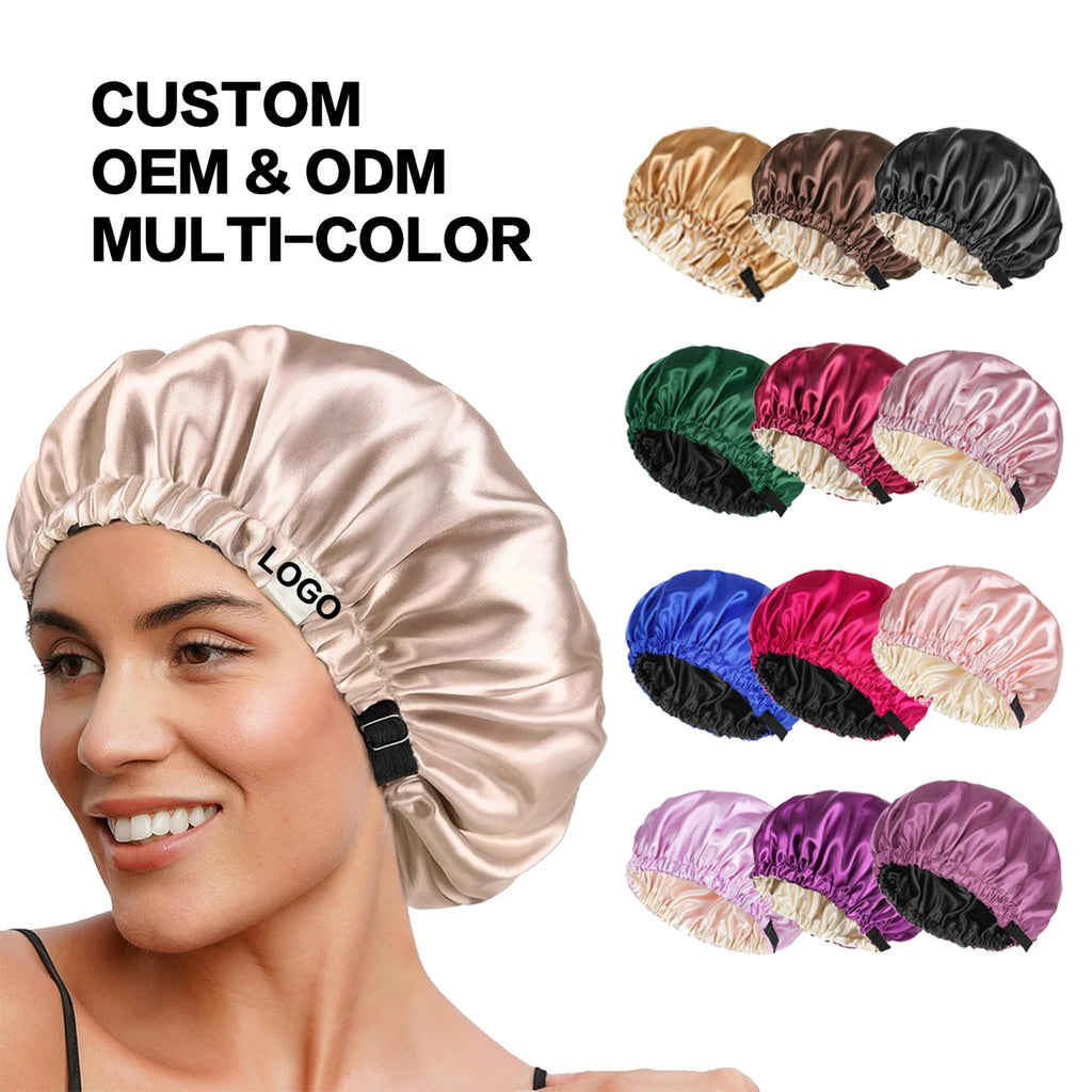 Custom Label Adjustable Silk Bonnet Double Layer Satin Bonnet Hair Bonnet for Sleeping for Women Hats Curly Natural Hair