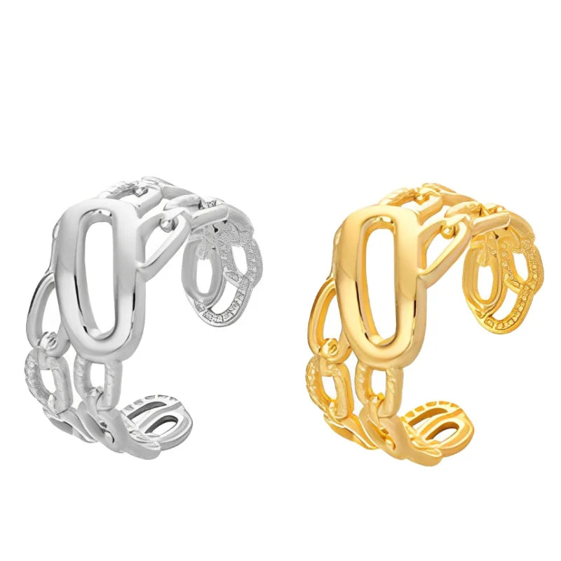Yiwu Srui Jewelry Factory 18K Gold Plated Stainless Steel Opening Adjustable Hollow Chain Stripe Ring Jewelry Ladies Accessories