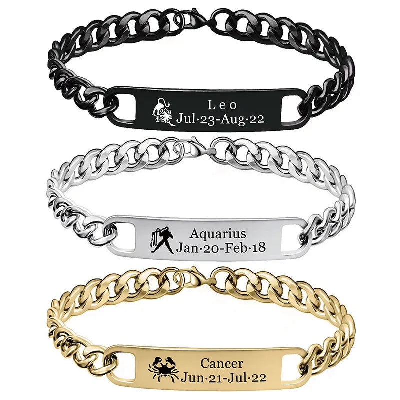 Fashion Birthday Gift Non Tarnish Silver 18K Gold Plated Stainless Steel Charm Horoscope 12 Zodiac Sign Bracelet Jewelry for Men