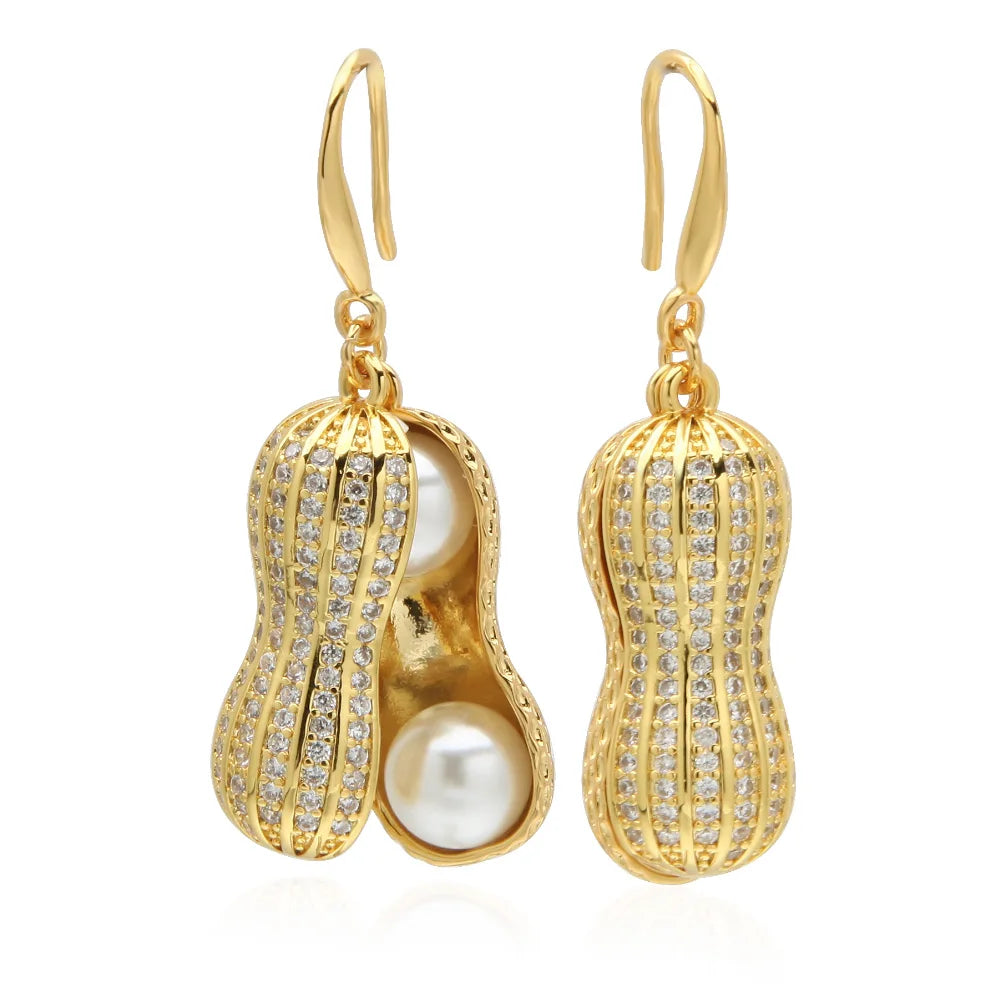 Trendy Open Peanut Pearl Drop Earrings Fashion 18k Gold Plated Jewelry Dangle Earrings by Manufacturer