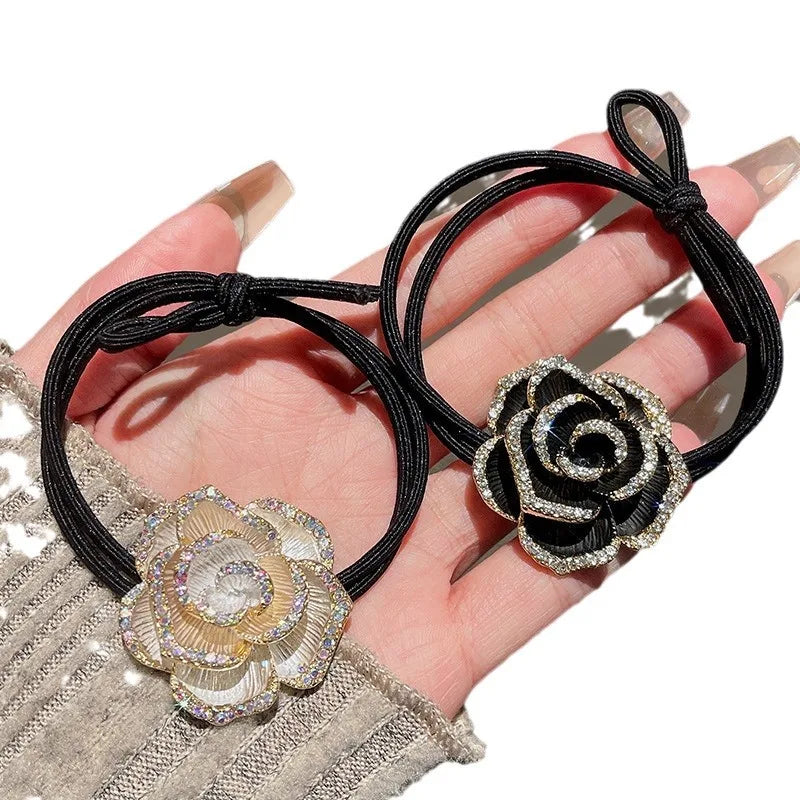 2024 New Female Camellia Rhinestone Headband Rose Elastic Headband Bandana Girl Ponytail