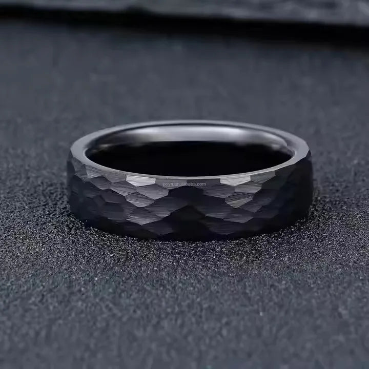 POYA Jewelry Unisex 6mm Black Hammered Tungsten Carbide Ring Trendy Wedding Engagement Anniversary Party Gift