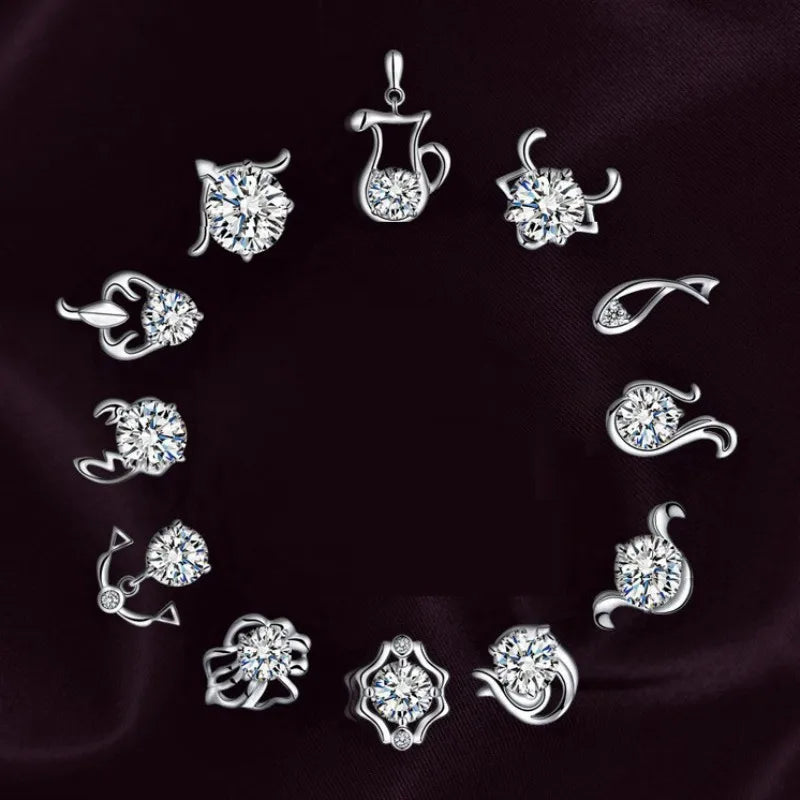 Sparkly Zirconia Lucky Star Astrology 925 Sterling Silver Zodiac Sign Stud Earrings for Women Girls Birthday Gift