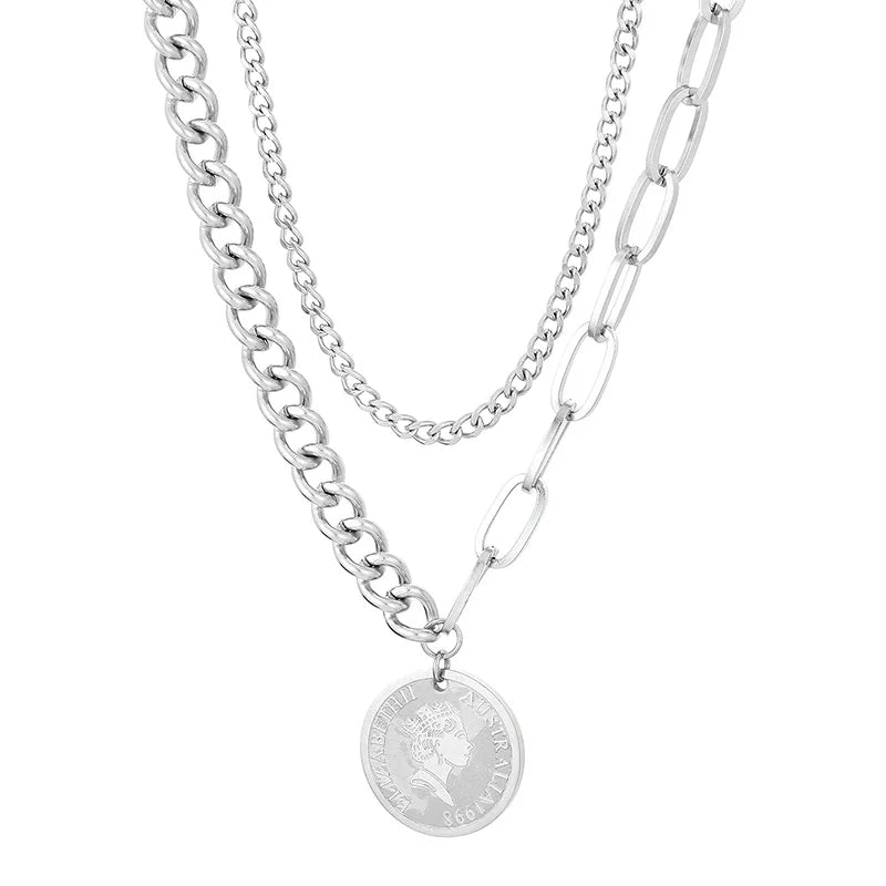 KALEN 500mm Unisex Vintage Stainless Steel Double Chain Link Necklace With Queen Elisabeth Pendant