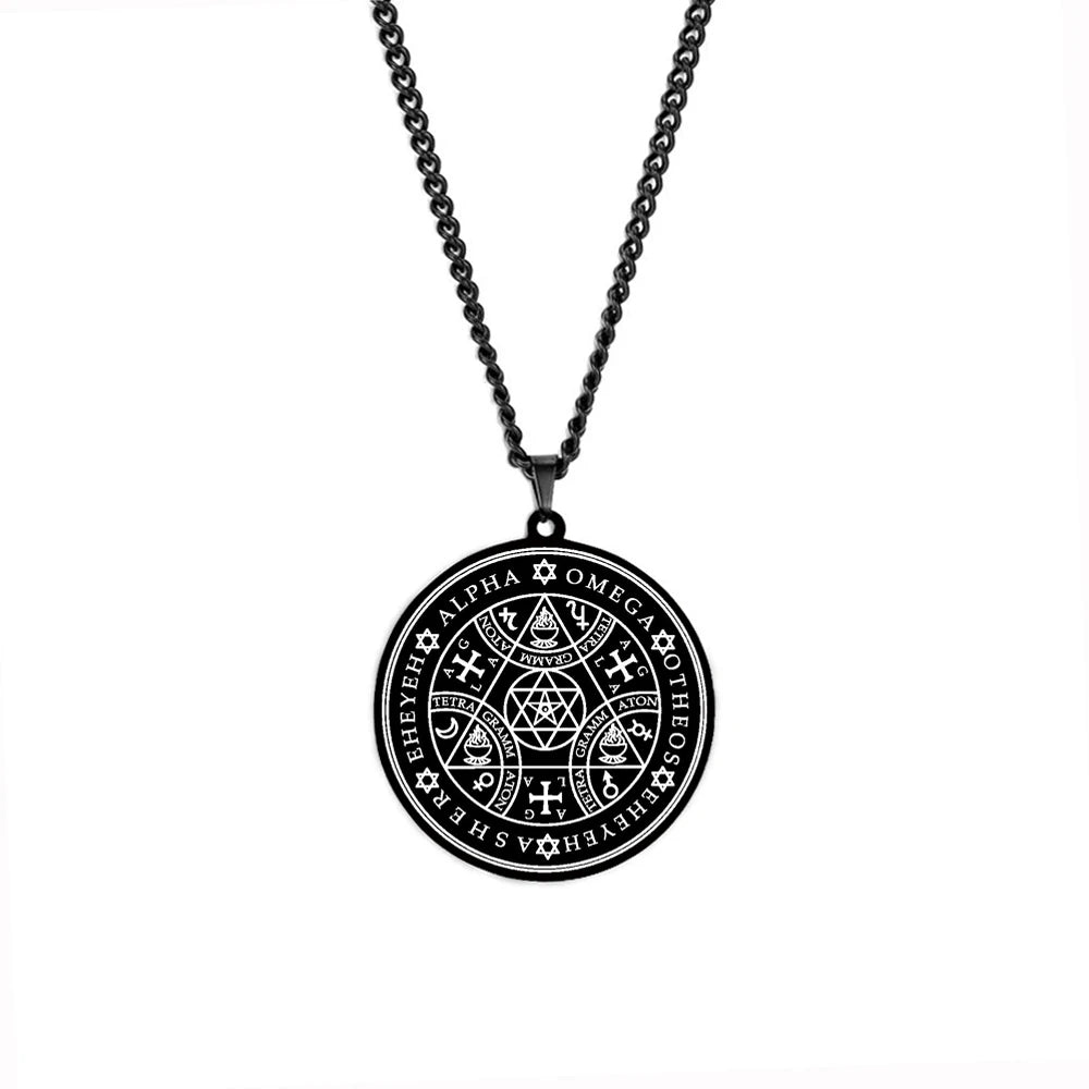Enochian Angel Magic Amulet Alpha Otheos AGLA Tetragrammaton Talisman Triangle Star of David Stainless Steel Pendant Necklace