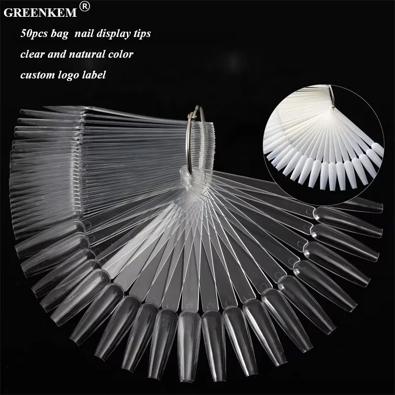 Professional 50PCS Pack Natural Clear Nail Polish Practice Dilspaly Tool Ballerina Long Fan False Nail Art Tips Display