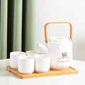 White Embossed Porcelain 4-Piece Tea Pot and Cup Set with Bamboo Tray Eco-Friendly Gift Box Included for 4-Person Use
