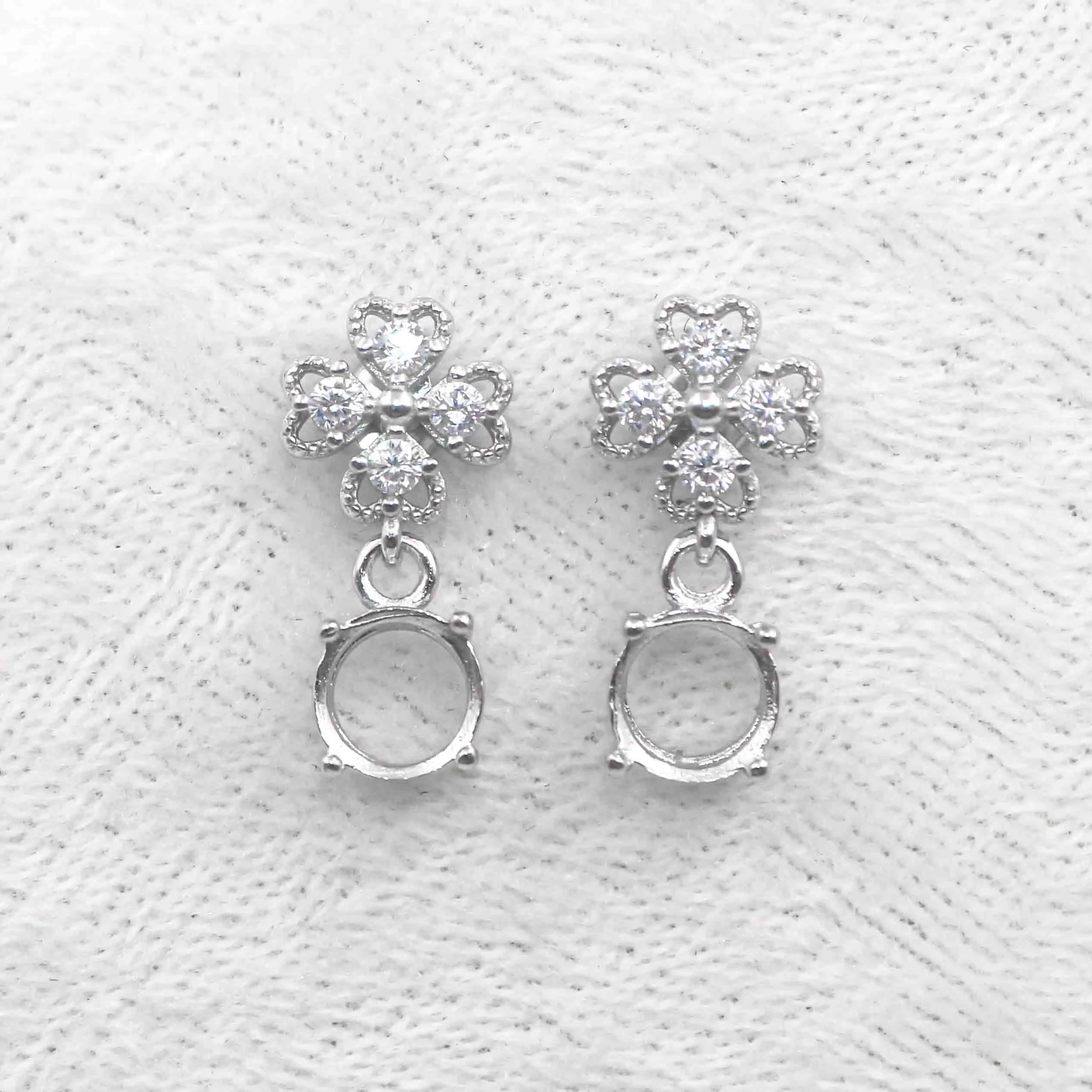 Sterling Silver 6mm/7mm Semi Mount Stud Earrings Empty Support Blank Setting S925 Base Holder Without Center Stone for DIY Inlay