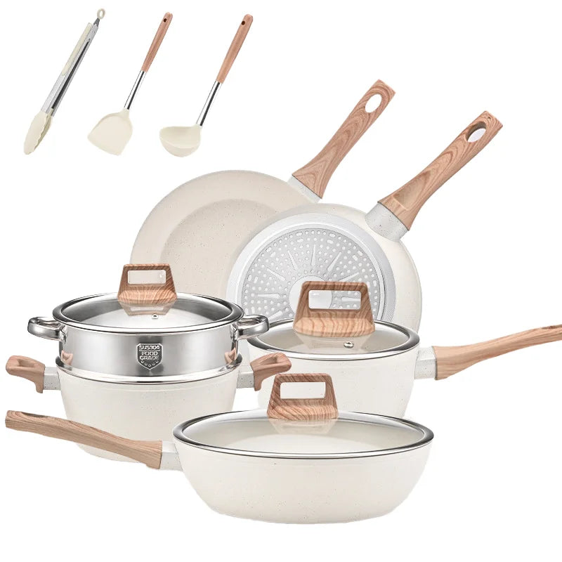 12-Piece Sustainable Household Cookware Set Non-Stick Universal Wok Granite Full Set Metal Induction Cooker Gas Stove Pots
