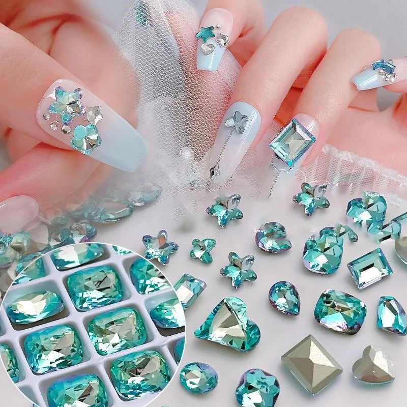Paso Sico High Quality Glass 3D Multi-Design Butterfly & Sweet Heart Blue Colors Women Nail Art Rhinestone Bulk