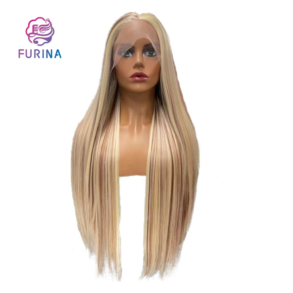 Furina Blend Heat Resistant Fiber Perruque Wholesale Soft Highlight Synthetic Lace Frontal Wig for Women