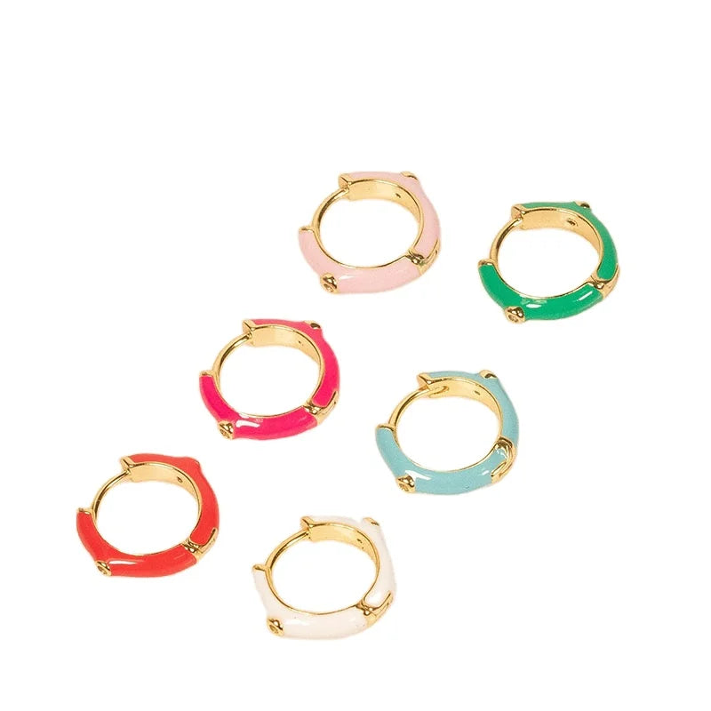 Ouj Waterproof Elegant Multi Colors Enamel Diamond Zircon Geometric Gold Plated 316L Stainless Steel Huggie Hoop Earrings