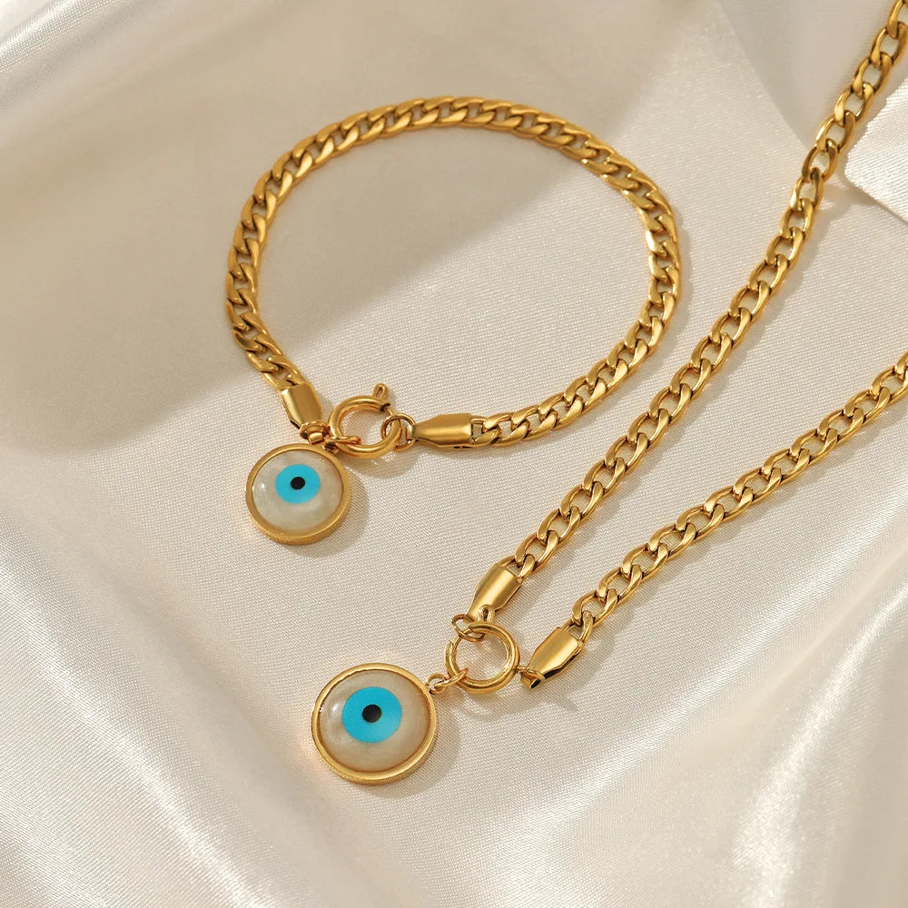 Tarnish Free 18K Gold Plated Stainless Steel Dainty Evil Eyes Bracelet Set Titanium Chain Bule Evils Eye Bracelet Necklace