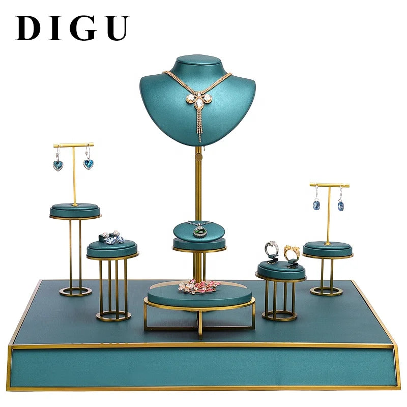 DIGU Metal+leather Jewelry Display Stand Set Ring Necklace Ear Stud Earring Pendant Custom Luxury Jewelry Display Stand