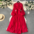 Boutique Wholesale 2026 Spring New Style Elegant Standing Neck Pleated Waist Long Bubble Sleeve Women's Dress
