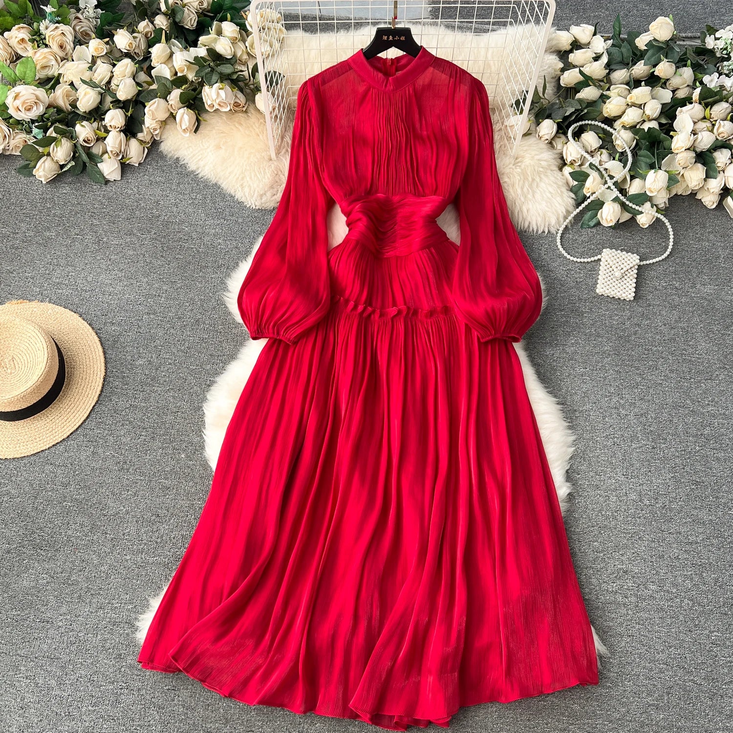 Boutique Wholesale 2026 Spring New Style Elegant Standing Neck Pleated Waist Long Bubble Sleeve Women's Dress