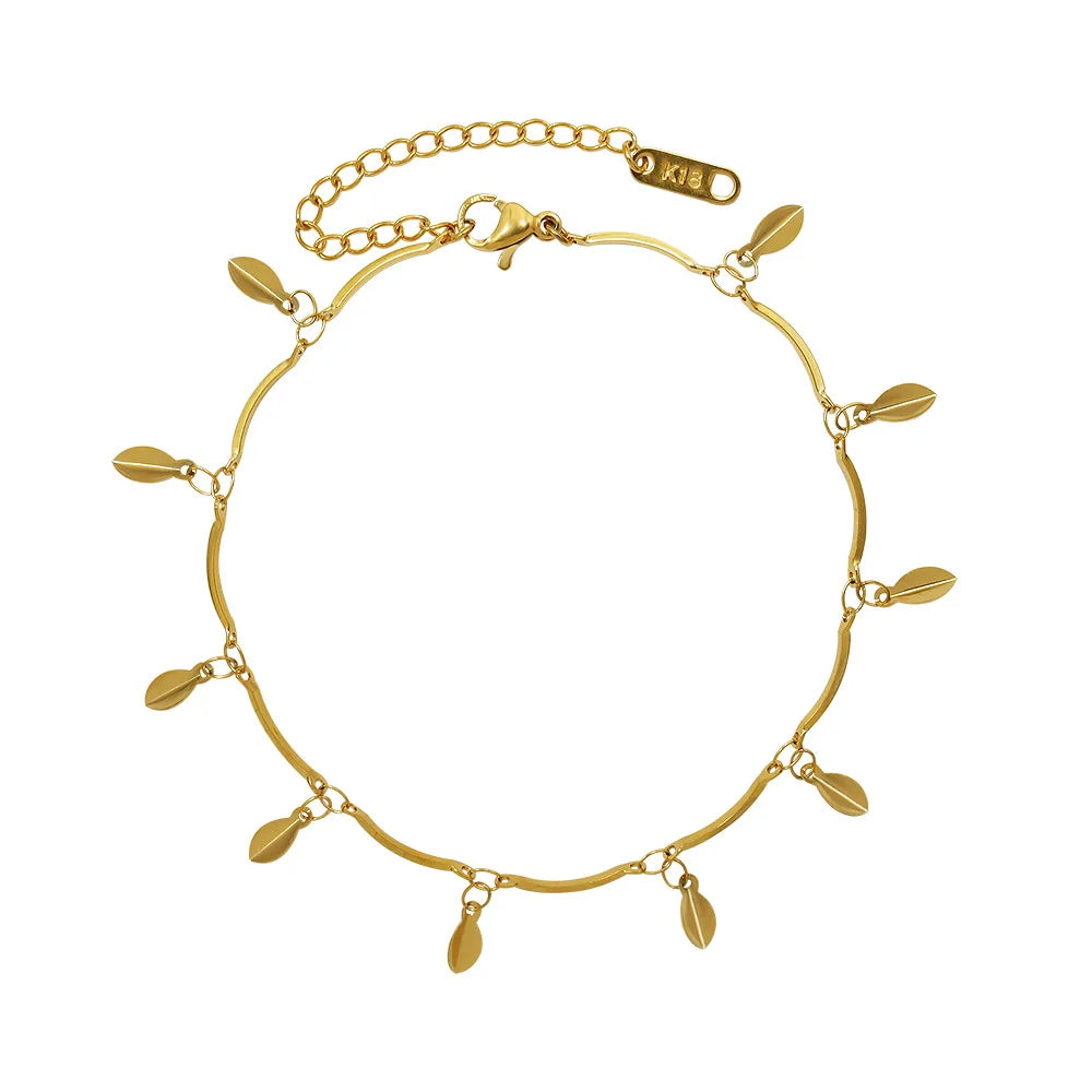 Fashion Simple Design Adjustable 18k Gold Plated Stainless Steel Leaf Fringe Anklet Foot Jewelry Chain for Women