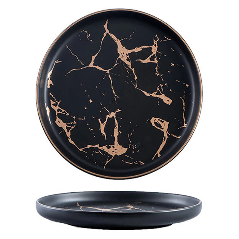 10 Inches Matte Porcelain Restaurant Retro Marble Golden Western Plate Steak Dish