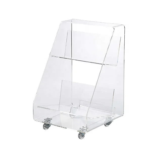Clear Portable Lucite Acrylic Book Cart Display Rack With Rolling Wheel Acrylic Book Cart