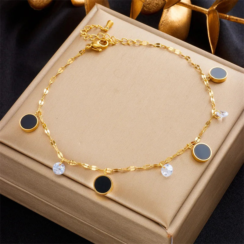 Fashionable Waterproof 18k Gold Plated Stainless Steel Jewelry Zircon Drop Oil Round Shape Ankle Bracelet for Women Girls Gifts