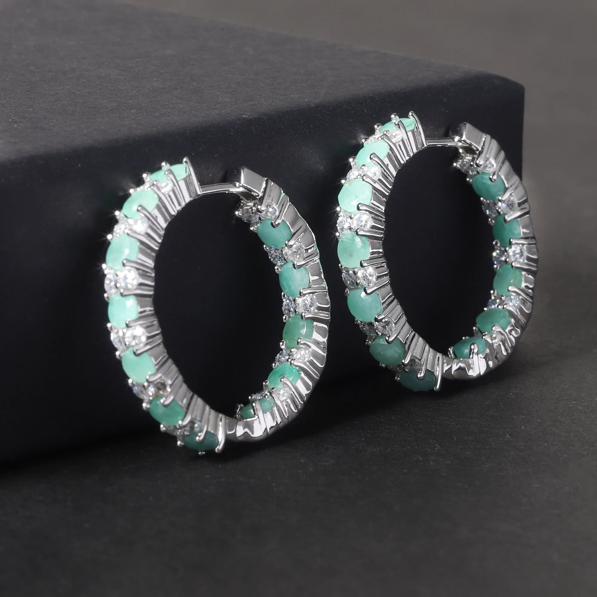 RZ0006 Abiding Fine Jewelry Custom Round 3mm Natural Emerald Gemstone Chunky 925 Sterling Silver Hoop Huggie Earrings