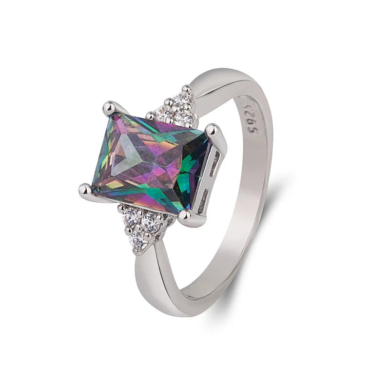 Princess Cut Mystic Rainbow Topaz Engagement Square Diamond Jewelry Proposal Gift Women's Silver Rings