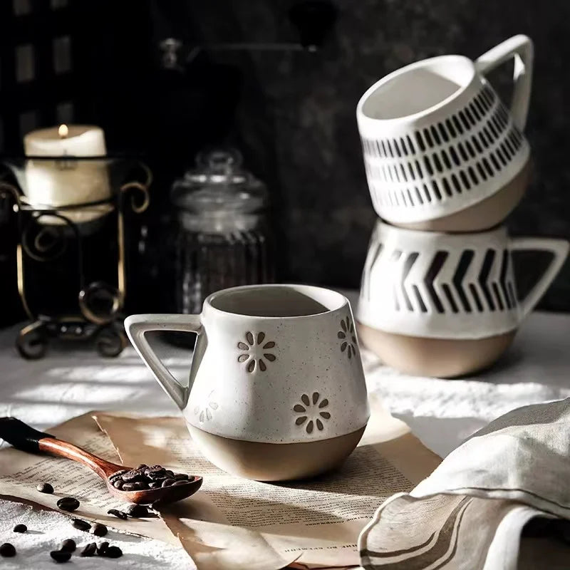 Large Coffee Mugs with Relief Design as Gifts Ceramic Coffee Cups with Handle for Men Women 14oz Coffee Mug Durable