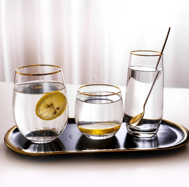 Manufacturer glassware Drinkware Customized Wine Glass Egg Shaped Holiday Water Juice Glass Cup With Gold Rim