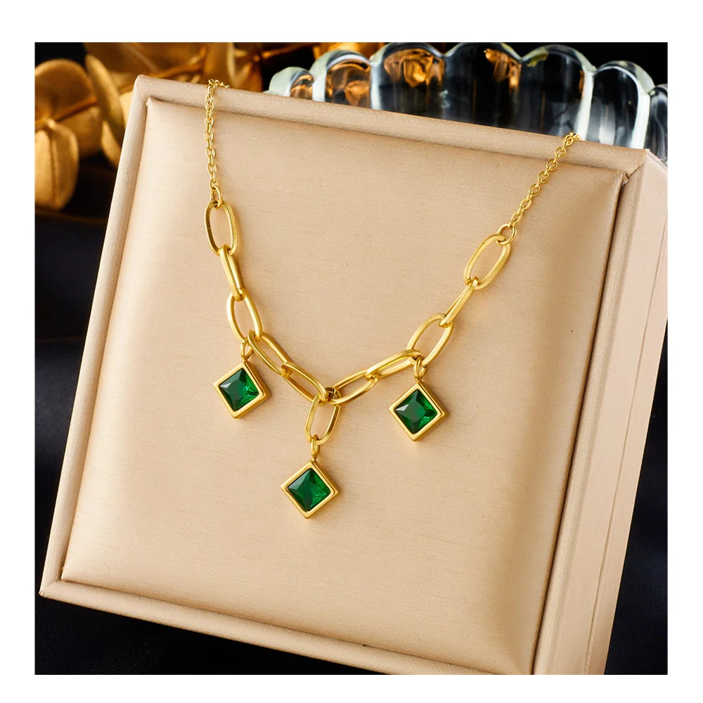 New Luxury 3 Colors Non Tarnish 18k Pvd Gold Plated Square Zircon Pendant Necklace 316L Stainless Steel Gold Necklace Women