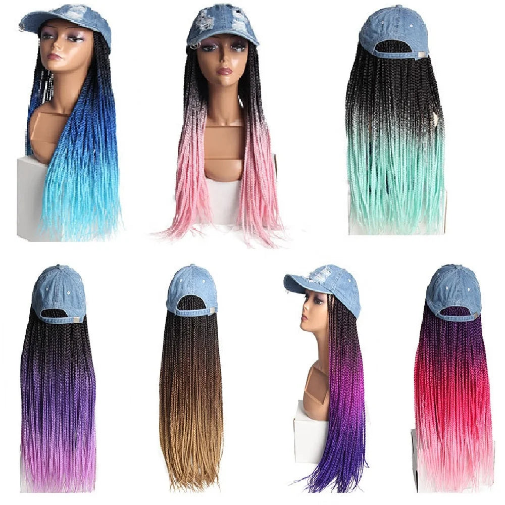 WM02  Triple Braid Hat Hair Cowboy Hat Wigs  Long Synthetic Hair Box Braids Cap Wigs