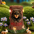 Solar Powered Welcome Bear Garden Lantern with Glowing "WELCOME" Sign Black Bear Resin Sculpture Peeking From Mossy Tree Stump