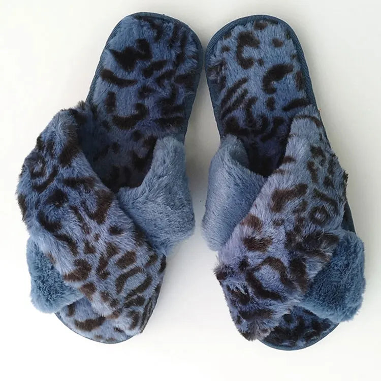 Ladies' Comfortable Soft Warm Faux Fur Fluff for Slippers Home Bedroom Leopard Print Flat Fuzzy Shoe Cross Band Fashion Faux Fur MegaBDM