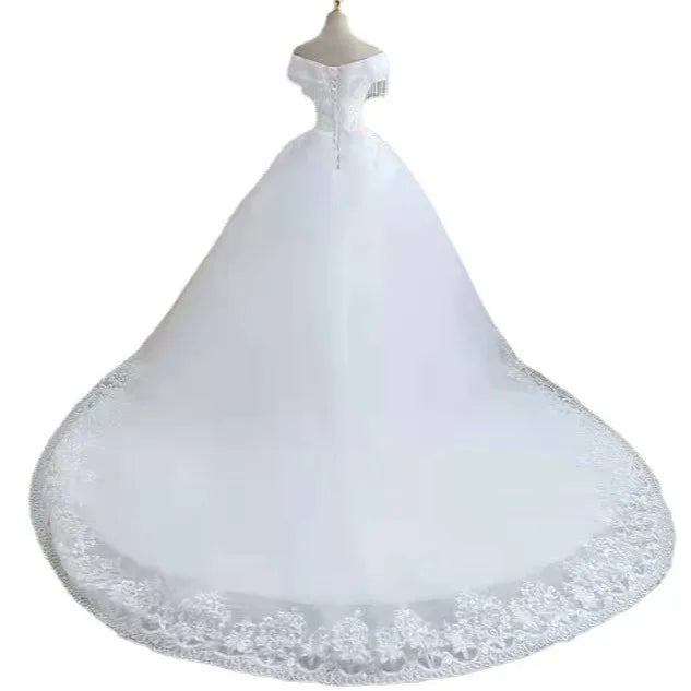 New Fashion Luxury Off Shoulder V Neck Ball Gown Wedding Dress Crystal Beaded Tassel Plus Size Bridal Gown With Long Tail