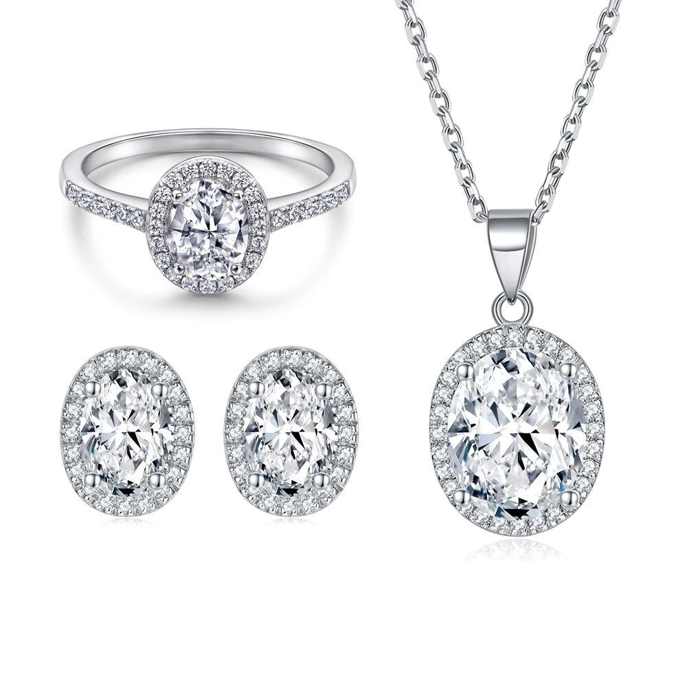 Luxury Ring Necklace and Earrings Set No Tarnish Cubic Zircon Oval 925 Sterling Silver Fashion Bridal Jewelry Sets
