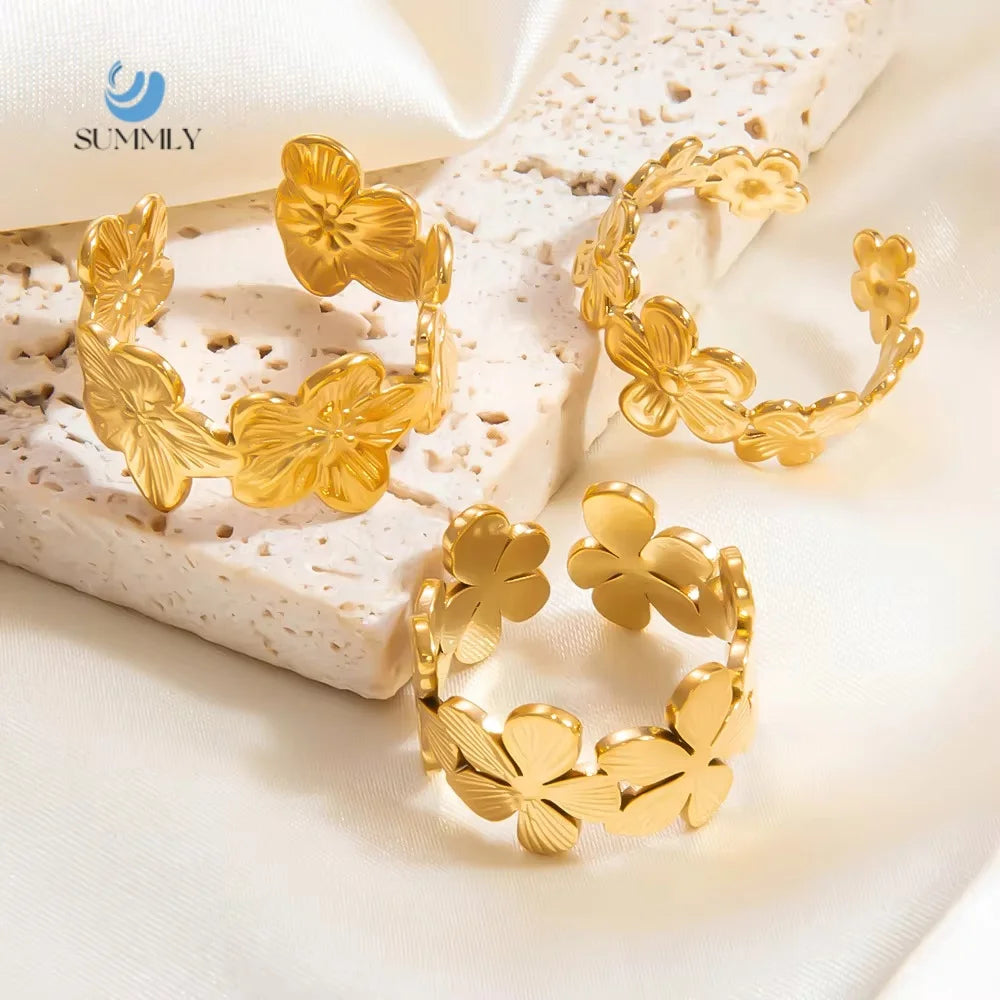 SUMMLY Personalized Flower Design Adjustable 18K Gold Plated Stainless Steel Ring Fashion Jewelry Wholesale Manufacturer