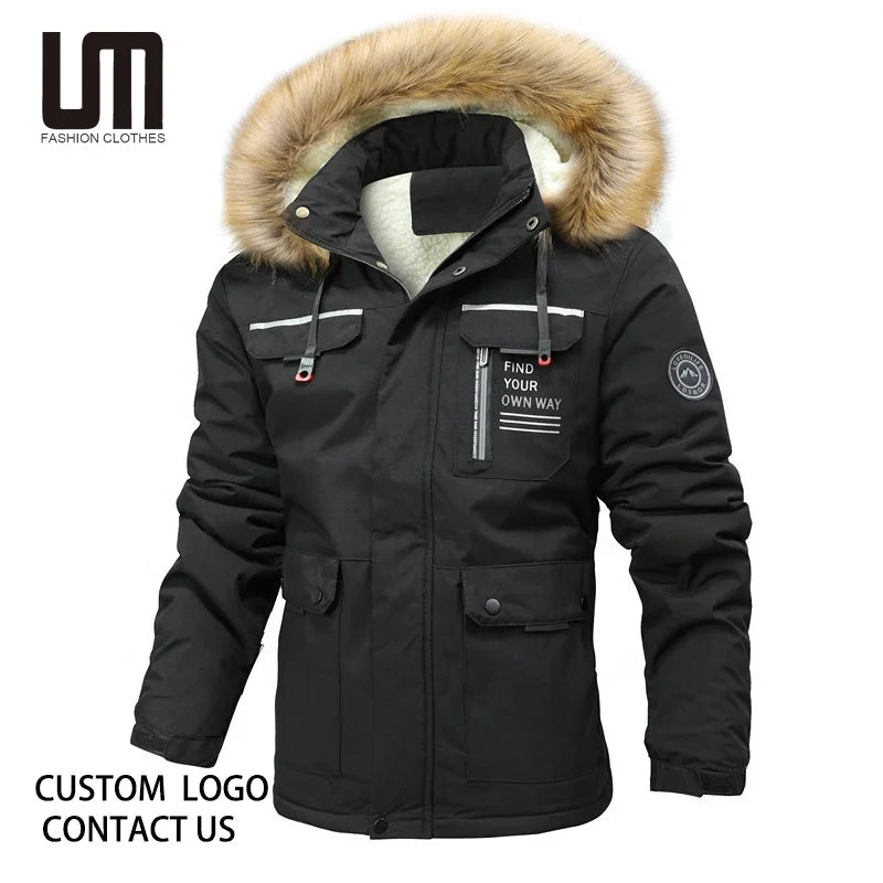 Custom Brand Fashion Winter Men Fleece Hooded Casual Thick Fur Collar Parkas Multi Pocket Warm Plus Size Jackets