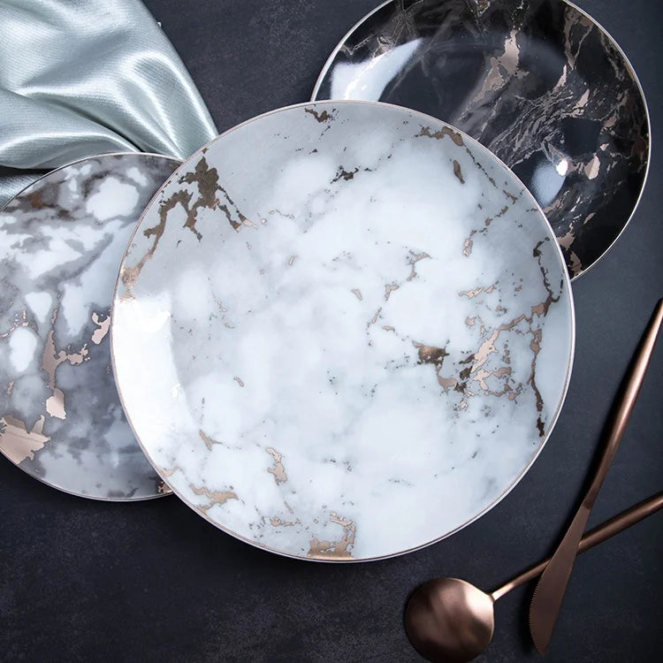Wholesale Premium Restaurant Marble Dinner Plates Round Shape Graceful  Porcelain Serving Plate Set