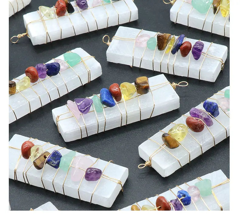 Dainty Clear Quartz 7 Chakra Stone Pendant Stone Wire Wrap Gypsum Energy Pendant Crystals Healing Stones Necklace Chakra Jewelry