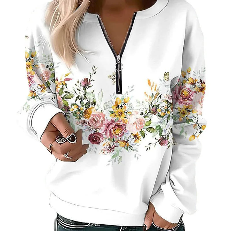 RNSHANGER Autumn Women's Hoodies Fashion Flower Painting Sweatshirt Zip up Hoodie Oversized Harajuku Ladies Sweatshirt