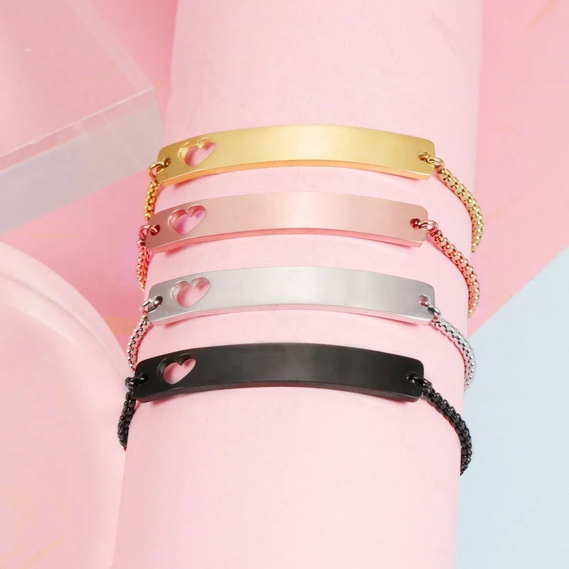 Hot Selling Engraving Stainless Steel Hollow Heart Bar Cuff Bracelet Stainless Steel Black Curved Rectangle Heart Bracelet