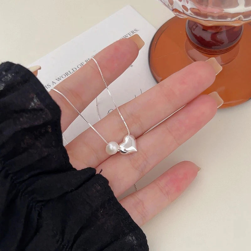Fashion 925 Sterling Silver Freshwater Pearl Heart Pendant Necklace for Women Box Chain Gifts Jewelry