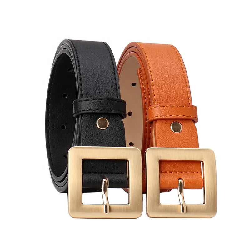 JULUN PU Belt Manufacture Women Gold Belt Pastel Slim PU Strap Large Square Gold Buckle Elegant Ladies Waist Belt