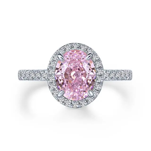 Oval Cut Diamond Halo Engagement Ring Classic Style Rhodium Plated Sterling Silver Cubic Zirconia for Wedding or Party